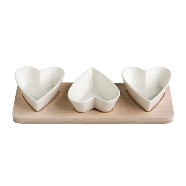 3 porcelianinių dubenėlių su bambuko padėklu rinkinys Brandani Hearts