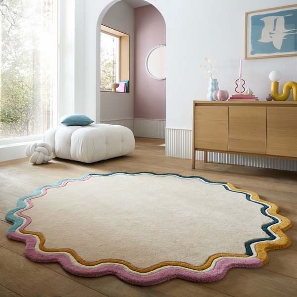 Rankų darbo natūralios spalvos iš vilnos apvalios formos kilimas ø 180 cm Leo Scallop – Flair Rugs-image-1