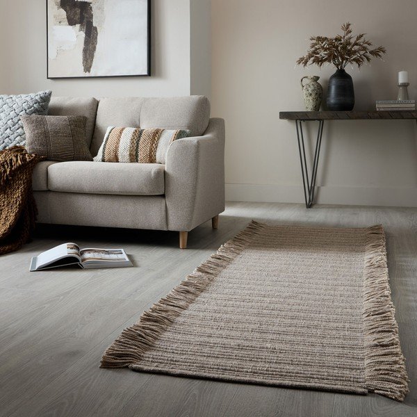 Rankų darbo pilkos spalvos iš vilnos mišinio kilimas 60x230 cm Rene Fringed Ribbed – Flair Rugs-image-1
