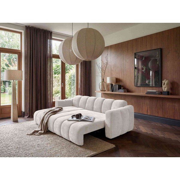 Kreminės spalvos sulankstoma kampinė sofa iš šenilinio audinio (su kairiuoju kampu) Michell – Miuform-image-1