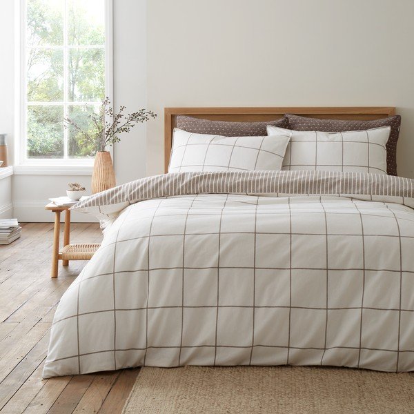 Kreminės spalvos/taupe spalvos iš flanelės viengulė patalynė 135x200 cm Brushed Regal Check – Bianca-image-1