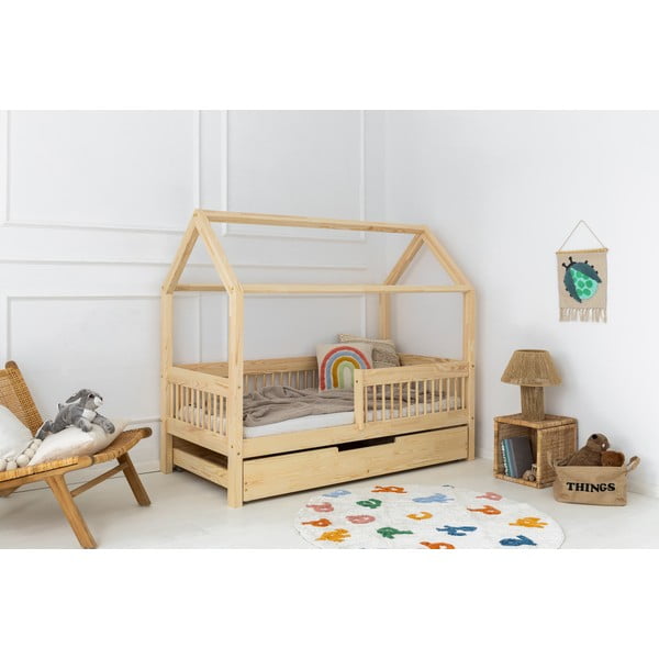 Naminė/ištraukiama iš pušies masyvo vaikiška lova natūralios spalvos su sandėliavimo vieta 70x160 cm Mila MBW – Adeko