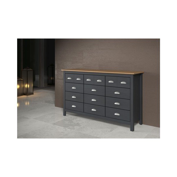 Antracito pilkos spalvos pušies masyvo komoda su 12 stalčių "Marckeric Jade-image-4