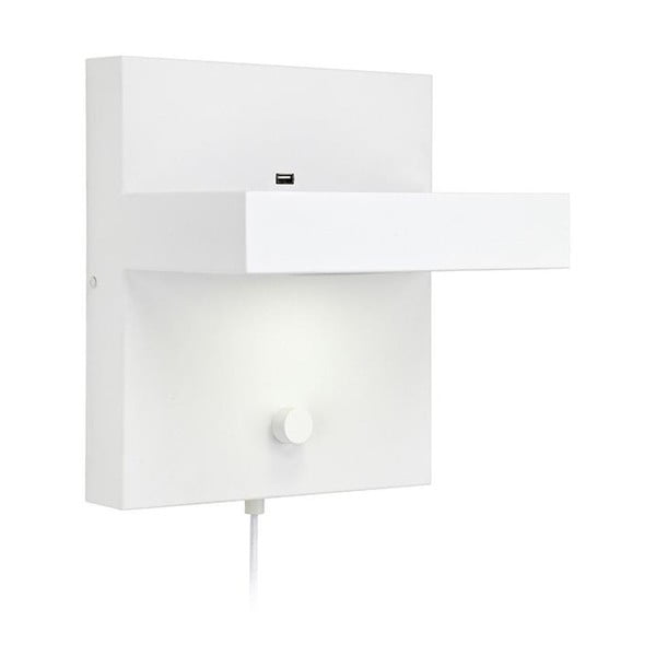 Baltas sieninis šviestuvas su lentynėle ir USB įkrovimo stotele Markslöjd Kubik