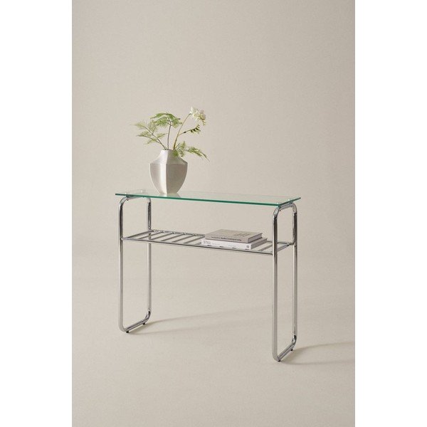 Blizgios sidabrinės spalvos konsolinis staliukas su stikliniu stalviršiu 32x100 cm Walle – Jotex-image-1