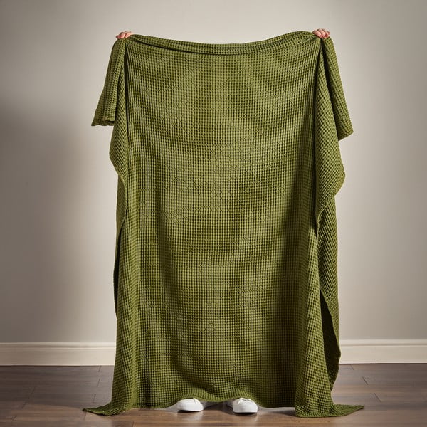 Žalios spalvos iš medvilnės antklodė ir pledas 150x200 cm Jaipur Chunky Waffle – Pineapple Elephant-image-2