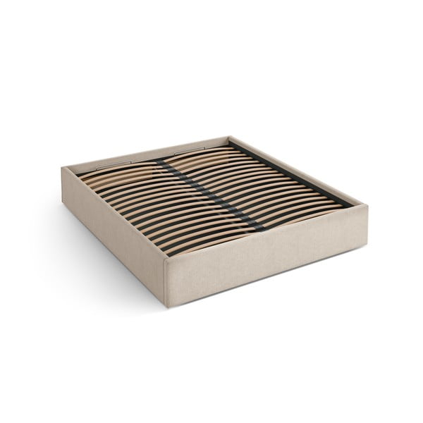 Šviesiai rudos spalvos dvigulė lova audiniu dengta su sandėliavimo vieta/be galvūgalio su lovos grotelėmis 160x200 cm Susan – Micadoni 