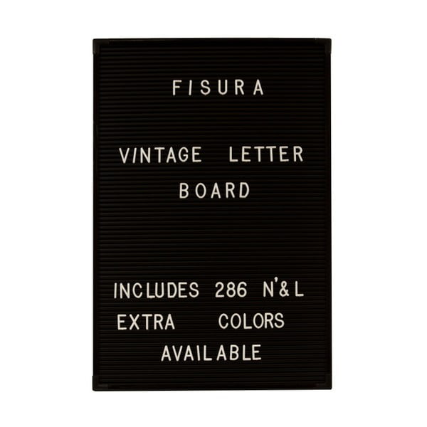 Juoda sieninė lentelė su baltomis raidėmis "Fisura Vintage