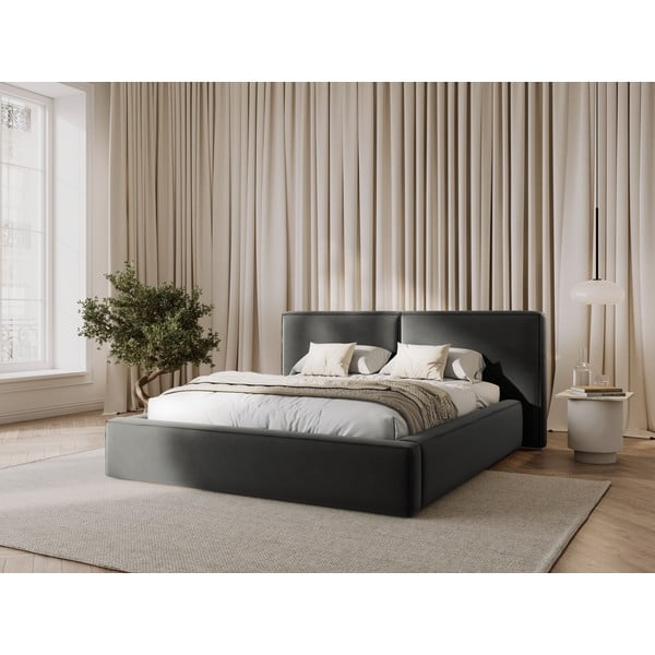 Iš aksomo dvigulė lova pilkos spalvos audiniu dengta su sandėliavimo vieta su lovos grotelėmis 180x200 cm Arendal – Cosmopolitan Design-image-1