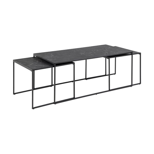 Matinės juodos spalvos kavos staliukai 3 vnt. su marmuro dekoro stalviršiu 60x120 cm Infinity – Actona