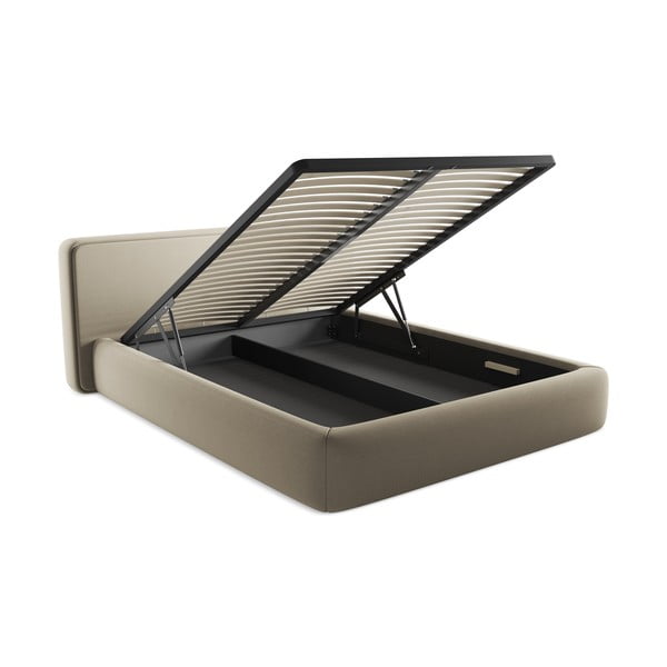 Smėlio spalvos dvigulė lova audiniu dengta su sandėliavimo vieta su lovos grotelėmis 160x200 cm Kiana – Makamii-image-3