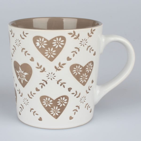 Smėlio ir baltos spalvos rankomis dekoruotas keraminis puodelis "Dakls Heart", 473 ml