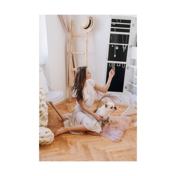 Balta ant grindų pastatoma papuošalų dėžutė su veidrodžiu ir LED apšvietimu Bonami Essentials Bien-image-1