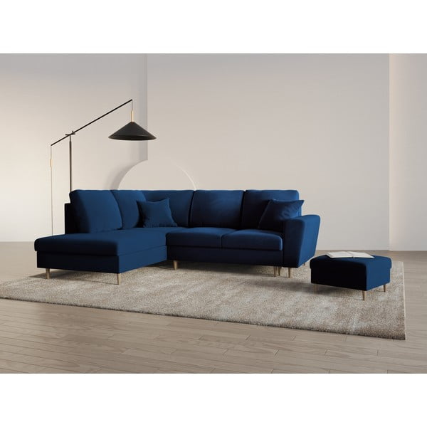 Mėlynos spalvos iš velveto sulankstoma/su sandėliavimo vieta kampinė sofa (su kairiuoju kampu/„L“ formos) Kyoto – Cosmopolitan Design-image-1