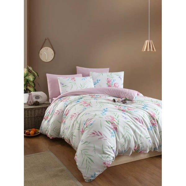 Dvigulė/itin ilga patalynė baltos spalvos/rožinės spalvos su paklode/4 dalių 200x220 cm Leaves – Mila Home