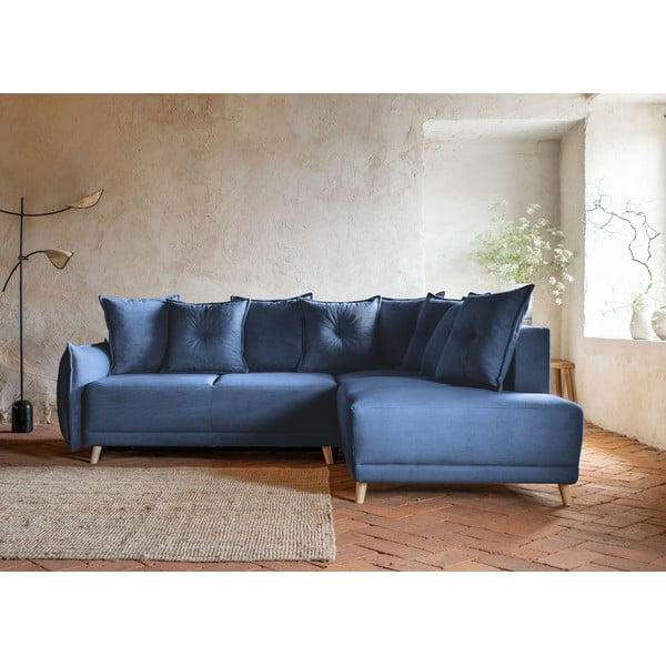 Sulankstoma kampinė sofa iš kordinio velveto tamsiai mėlynos spalvos (su dešiniuoju kampu) Lazy Lukka – Miuform-image-4