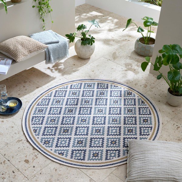 Geltonos spalvos/mėlynos spalvos apvalios formos lauko ir vidaus kilimas ø 160 cm Zia Trellis – Flair Rugs-image-1