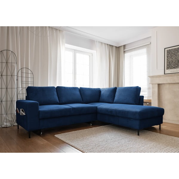 Iš kordinio velveto sulankstoma kampinė sofa tamsiai mėlynos spalvos (su dešiniuoju kampu) Lofty Lilly – Miuform-image-3