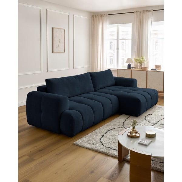 Tamsiai mėlynos spalvos sulankstoma/su sandėliavimo vieta kampinė sofa (su dešiniuoju kampu/su gultu) Fuji – Bobochic Paris-image-1