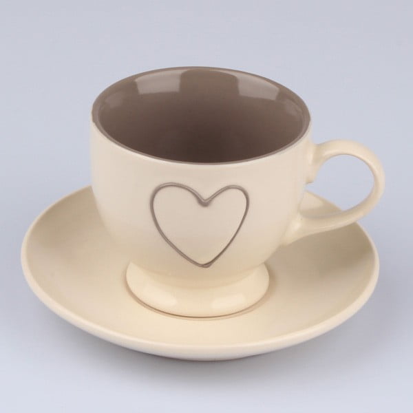 Rankomis dekoruotas smėlio spalvos keraminis puodelis su lėkštele "Dakls Heart Light", 200 ml