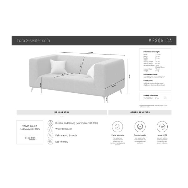 Mėlyna aksominė sofa MESONICA Toro, 217 cm-image-3