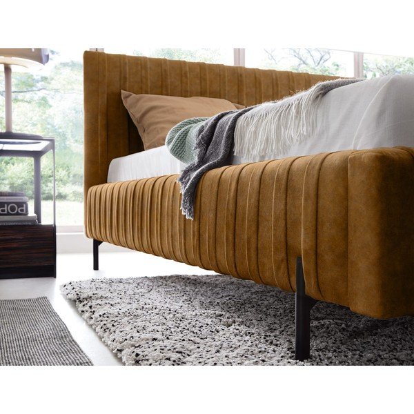 Ochros spalvos dvigulė lova dengta audiniu su sandėliavimo vieta su lovos grotelėmis 160x200 cm Plissa – ELTAP-image-4