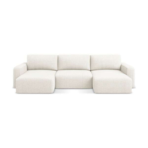 Kreminės spalvos sulankstoma/su sandėliavimo vieta kampinė sofa iš kordinio velveto („U“ formos) Kona – Makamii