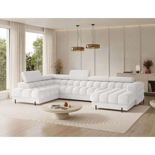 Kreminės spalvos iš boucle sulankstoma kampinė sofa (su kairiuoju kampu/„U“ formos) Feraria – ELTAP-image-3