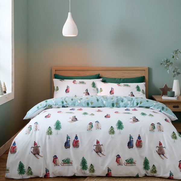 Baltos spalvos iš flanelės dvigulė/itin ilga patalynė 230x220 cm Snowy Penguin – Catherine Lansfield-image-1