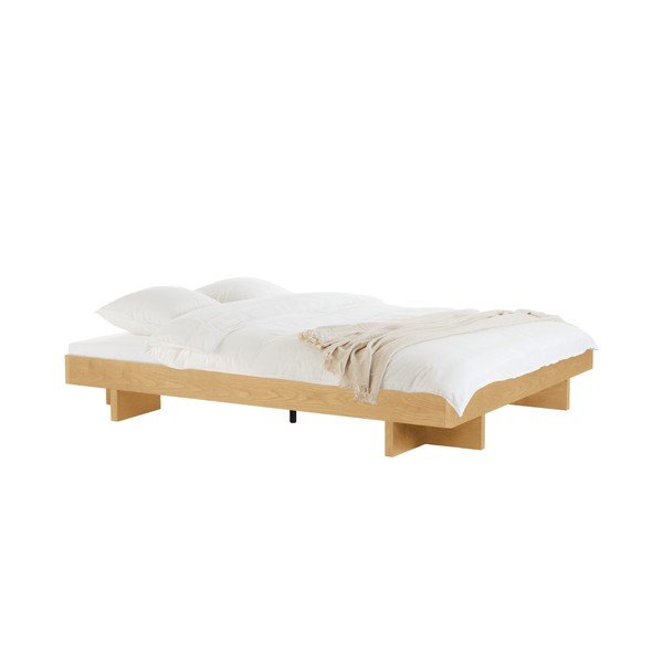Natūralios spalvos dvigulė lova iš MDF plokštės iš ąžuolo be galvūgalio su lovos grotelėmis 140x200 cm Kito – noo.ma