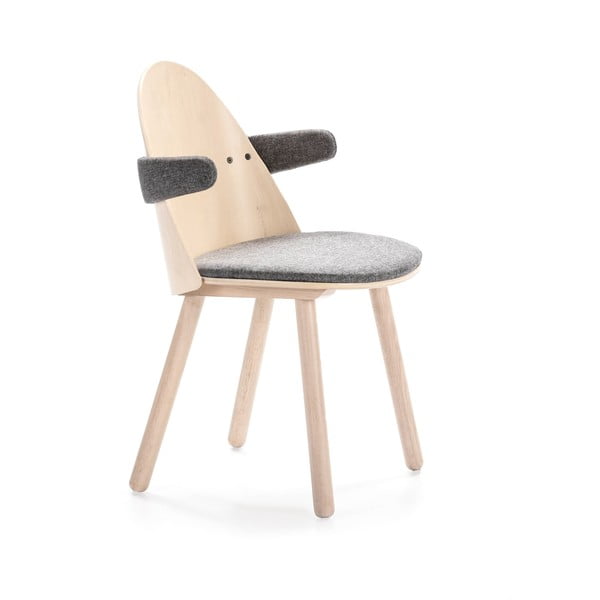Natūralios medienos spalvos kėdė su porankiais ir pilka pagalvėle Teulat Uma