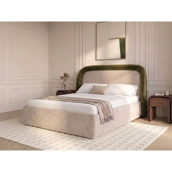 Žalios spalvos dvigulė lova audiniu dengta su sandėliavimo vieta su lovos grotelėmis 180x200 cm Sam – Bobochic Paris-image-1