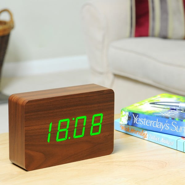 Tamsiai rudas žadintuvas su žaliu LED ekranu Gingko Brick Click Clock-image-3