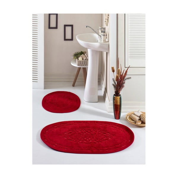 2 raudonų ovalių vonios kambario kilimėlių rinkinys