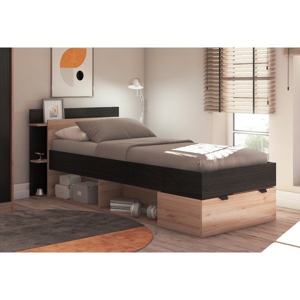 Viengulė lova juodos spalvos/natūralios spalvos iš ąžuolo su sandėliavimo vieta be grotelių 90x200 cm Albo – Marckeric-image-3