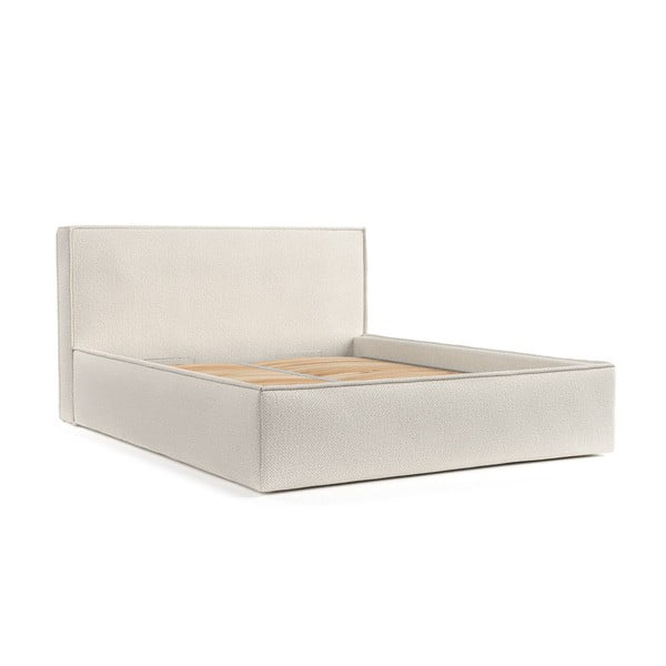 Dvigulė lova kreminės spalvos audiniu dengta su sandėliavimo vieta su lovos grotelėmis 160x200 cm Lounge L – Maison de Rêve