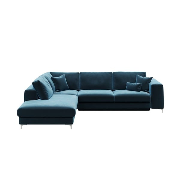 Tamsiai mėlyna aksominė kampinė sofa-lova Devichy Rothe, kairysis kampas