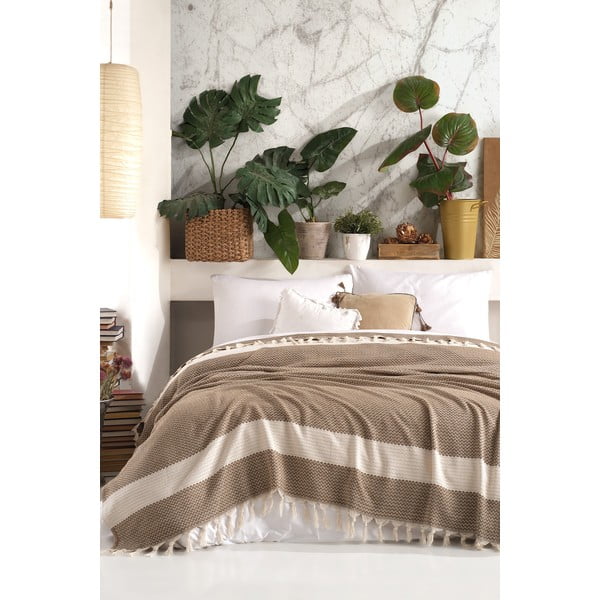 Lovatiesė rudos spalvos/smėlio spalvos iš medvilnės dvigulei lovai 200x230 cm Şeritli – Mijolnir
