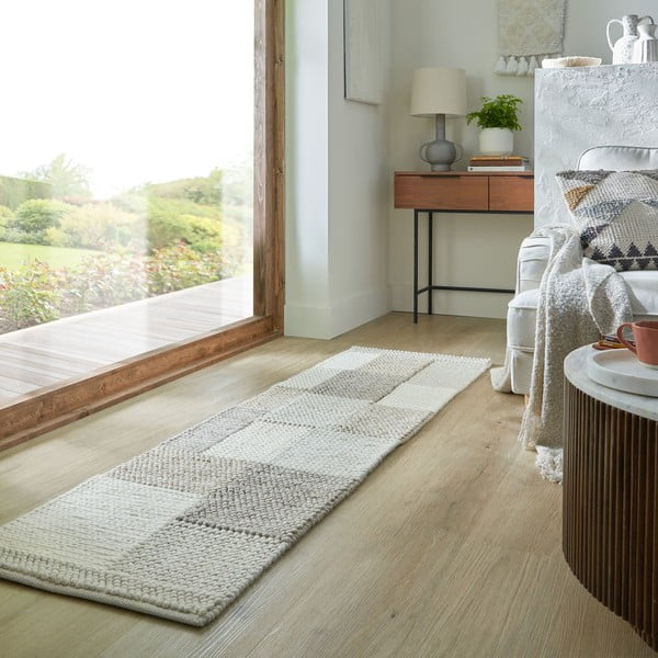 Rankų darbo iš vilnos mišinio kilimas smėlio spalvos 60x230 cm Minerals Patchwork – Flair Rugs-image-1