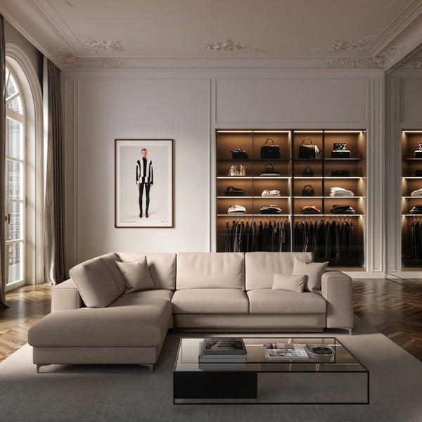 Smėlio spalvos iš velveto sulankstoma/su sandėliavimo vieta kampinė sofa (su kairiuoju kampu/„L“ formos) Rene – Rodier-image-1