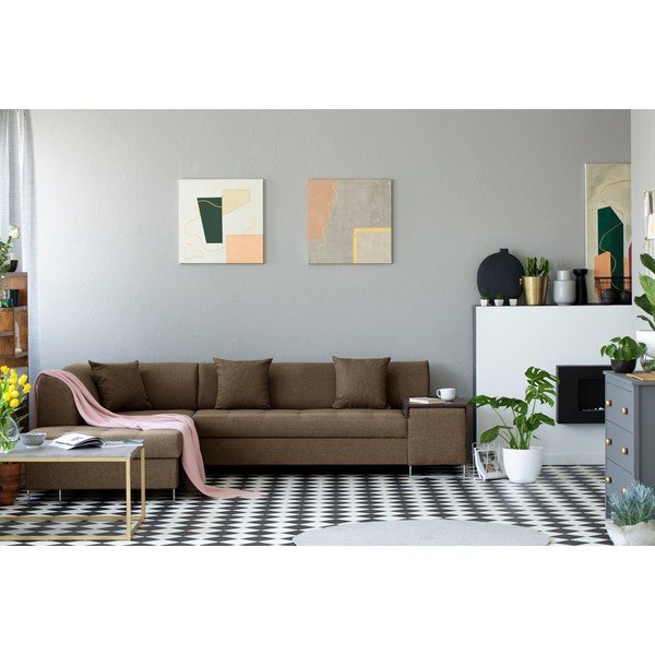 Šviesiai ruda kampinė sofa-lova su sidabrinėmis kojelėmis "Cosmopolitan Design Orlando", kairysis kampas-image-1