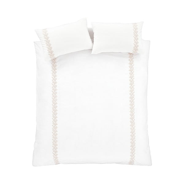 Baltos spalvos/smėlio spalvos iš medvilnės viengulė patalynė 135x200 cm Embroidery Leaf – Bianca