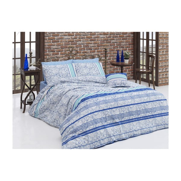 Mėlyna medvilninė patalynė su paklode viengulėlei lovai "Stripe", 140 x 200 cm