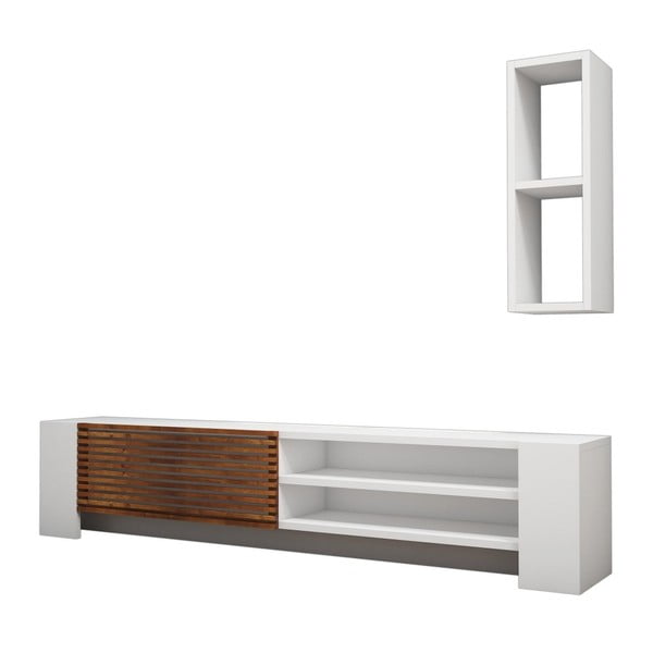 Baltas televizoriaus staliuko ir sieninės lentynos komplektas su riešutmedžio medienos detalėmis Muzzo Pina