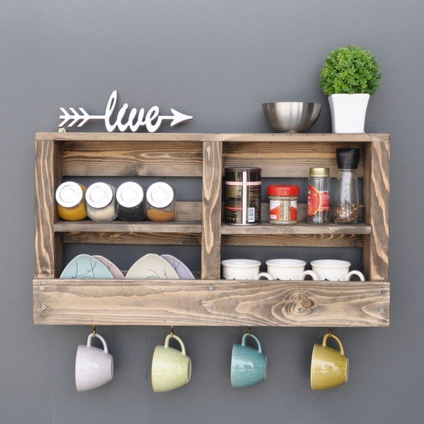 Medinė sieninė lentyna su kabliukais Ayako-image-1