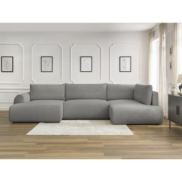 Tamsiai pilkos spalvos sulankstoma/su sandėliavimo vieta kampinė sofa iš kordinio velveto (su dešiniuoju kampu/„U“ formos) Lucien – Bobochic Paris-image-1