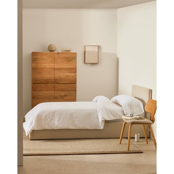 Smėlio spalvos viengulė lova audiniu dengta su sandėliavimo vieta su lovos grotelėmis 90x200 cm Nahiri – Kave Home-image-1