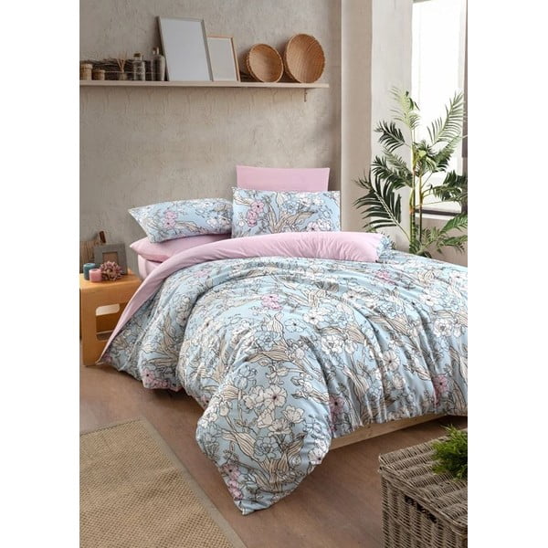 Dvigulė/itin ilga patalynė mėlynos spalvos/rožinės spalvos su paklode/4 dalių 160x220 cm Floral – Mila Home