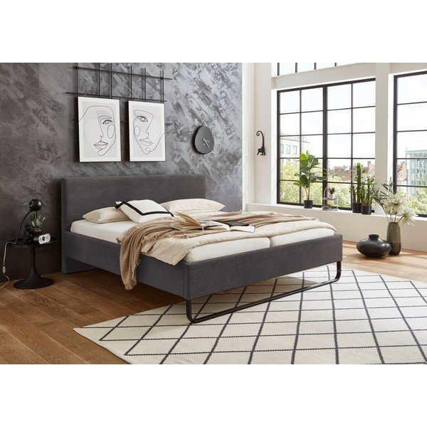 Pilkos spalvos dvigulė lova audiniu dengta be grotelių 180x200 cm Swing – Meise Möbel-image-1