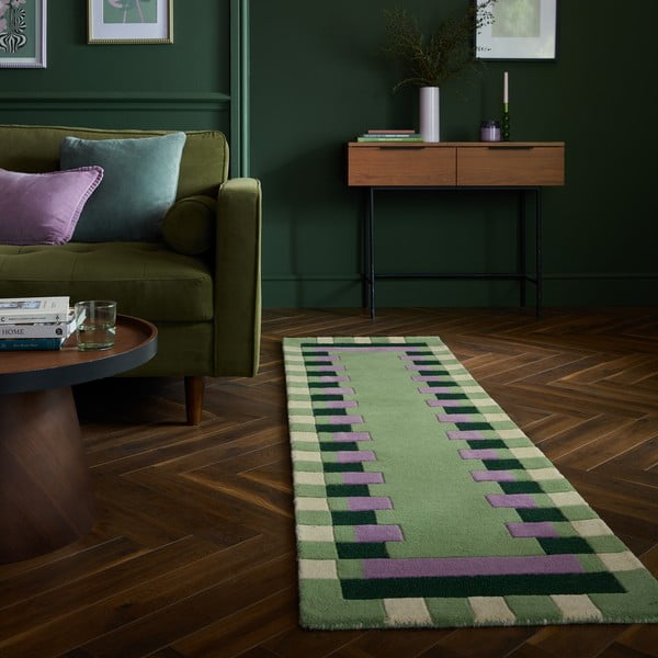 Rankų darbo iš vilnos kilimas žalios spalvos/violetinės spalvos 60x230 cm Kai Wool Border – Flair Rugs-image-1